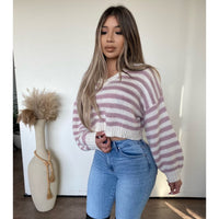 Heather V Neck Sweater (White/Pink)