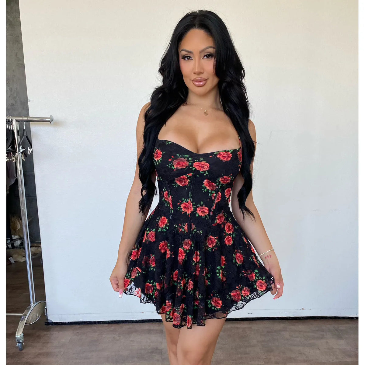 Shayla Dress (Black) red flower